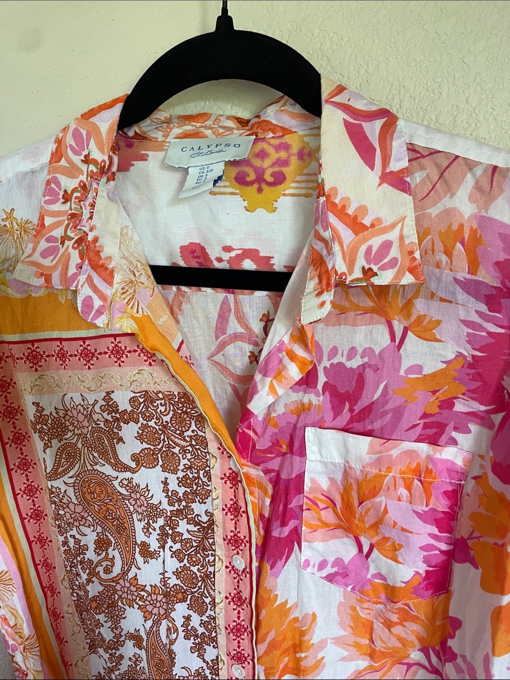 Calypso St. Barth Cotton Mixed Print Floral Patchwork Button-Down Shirt S Boho - Picture 5 of 11